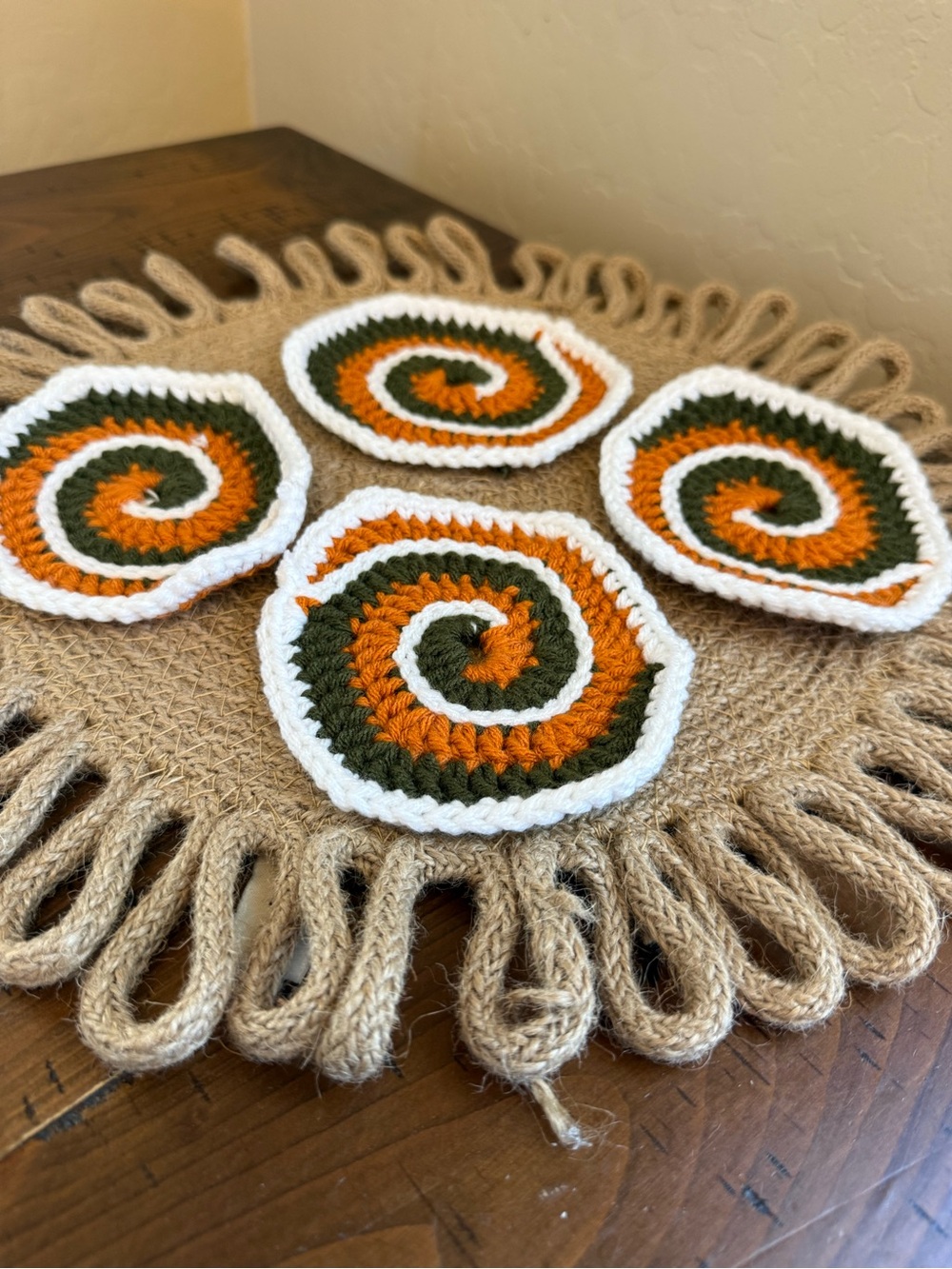 Set of 4 Handmade Crochet Spiral Coasters Retro Orange Green Cream Boho Kitchen